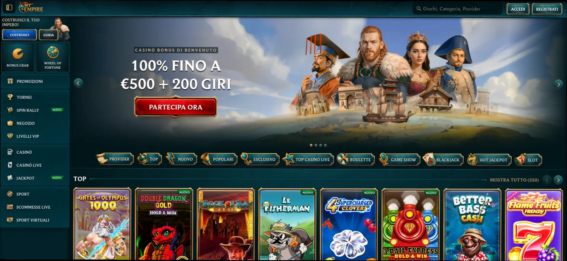 My Empire Casino bonus benvenuto 120% fino 240 euro e 100 giri gratis